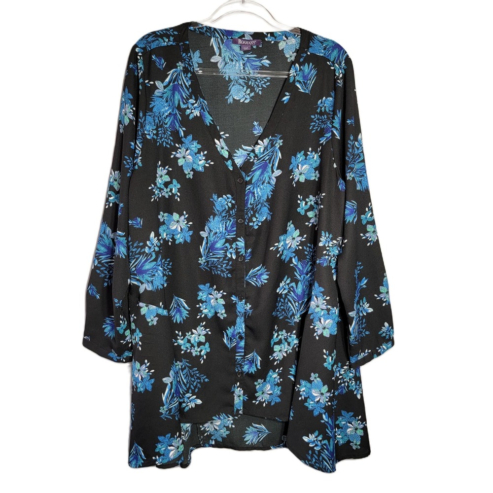 ROAMANS 24W Black Blue Floral Print Button Front Tunic Top Long‎ Sleeve Flowy